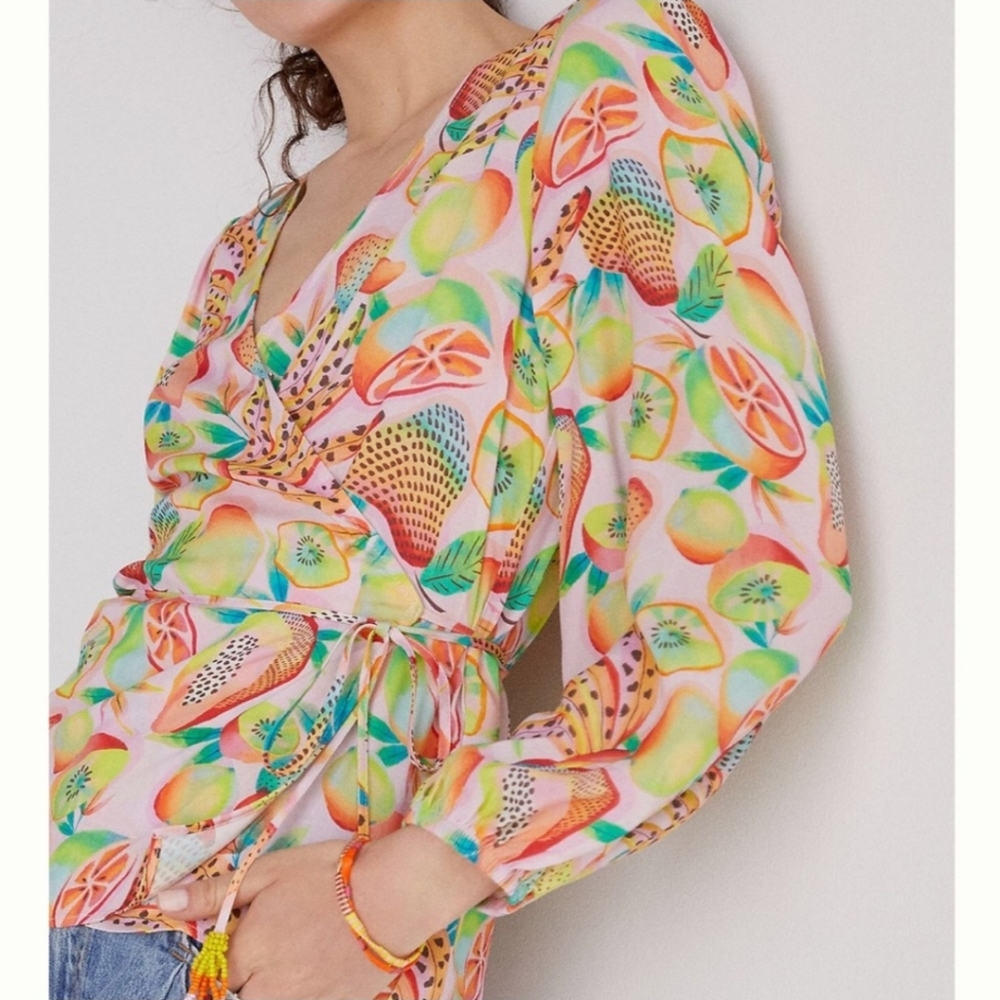 Anthropologie Farm Rio Rainbow Forest Fruits Print Wrap Blouse - Picture 2 of 13
